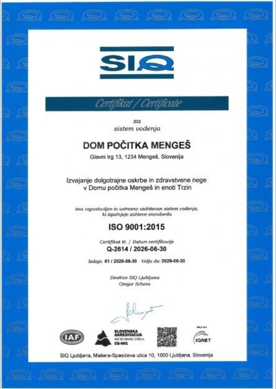 Dom počitka Mengeš pridobil certifikat